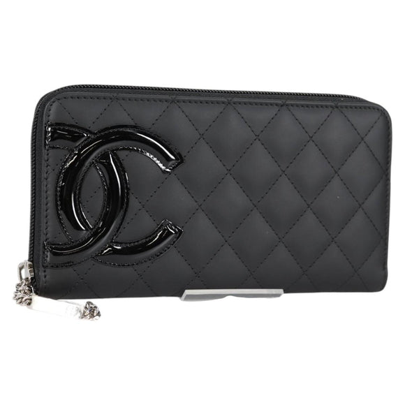 CHANEL Cambon Line Matelasse Long Wallet Leather Black CC Auth ac3874M