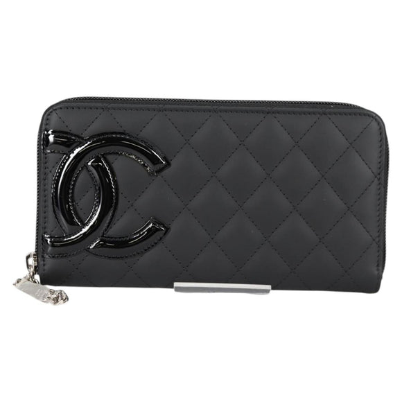 CHANEL Cambon Line Matelasse Long Wallet Leather Black CC Auth ac3874M