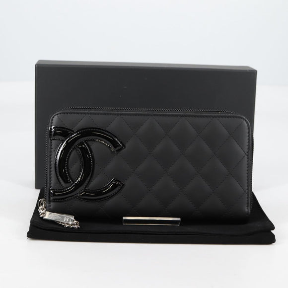 CHANEL Cambon Line Matelasse Long Wallet Leather Black CC Auth ac3874M
