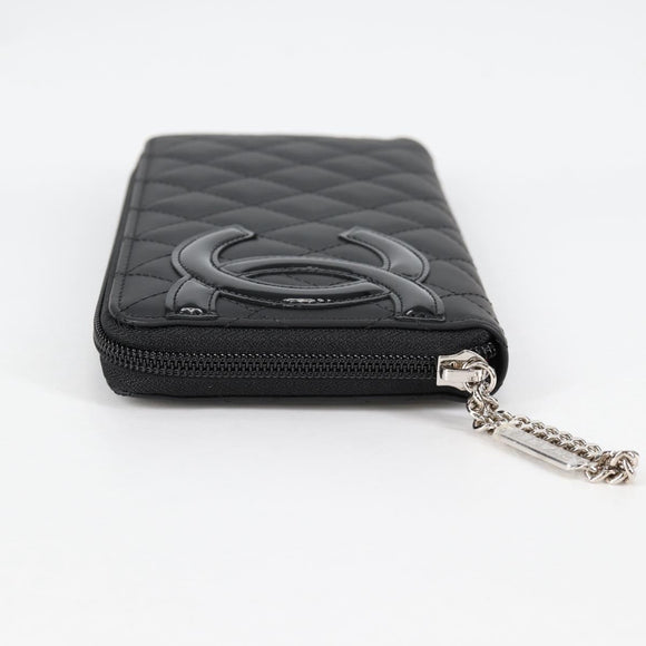 CHANEL Cambon Line Matelasse Long Wallet Leather Black CC Auth ac3874M