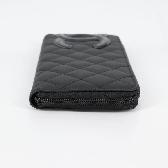 CHANEL Cambon Line Matelasse Long Wallet Leather Black CC Auth ac3874M