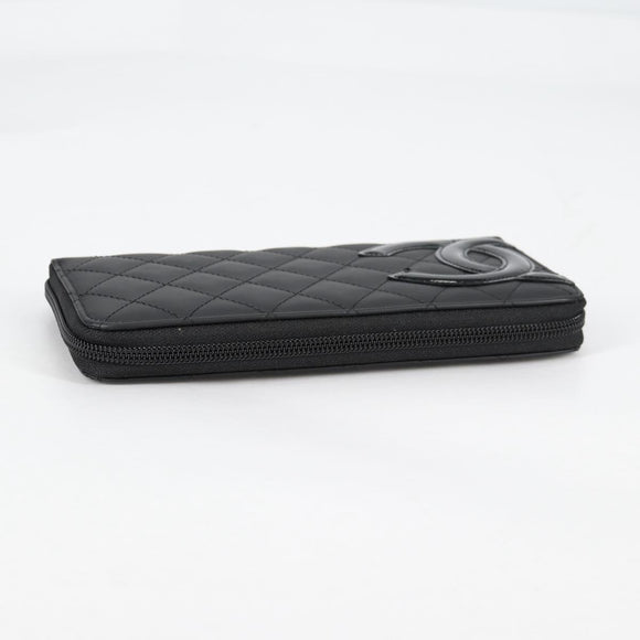 CHANEL Cambon Line Matelasse Long Wallet Leather Black CC Auth ac3874M