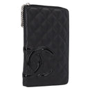 CHANEL Cambon Line Long Wallet Calf Skin Black Silver CC Auth ac3882-1