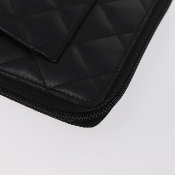 CHANEL Cambon Line Long Wallet Calf Skin Black Silver CC Auth ac3882