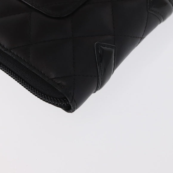 CHANEL Cambon Line Long Wallet Calf Skin Black Silver CC Auth ac3882