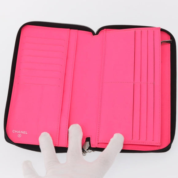 CHANEL Cambon Line Long Wallet Calf Skin Black Silver CC Auth ac3882