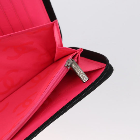 CHANEL Cambon Line Long Wallet Calf Skin Black Silver CC Auth ac3882