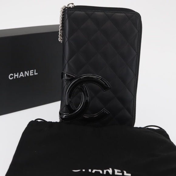 CHANEL Cambon Line Long Wallet Calf Skin Black Silver CC Auth ac3882