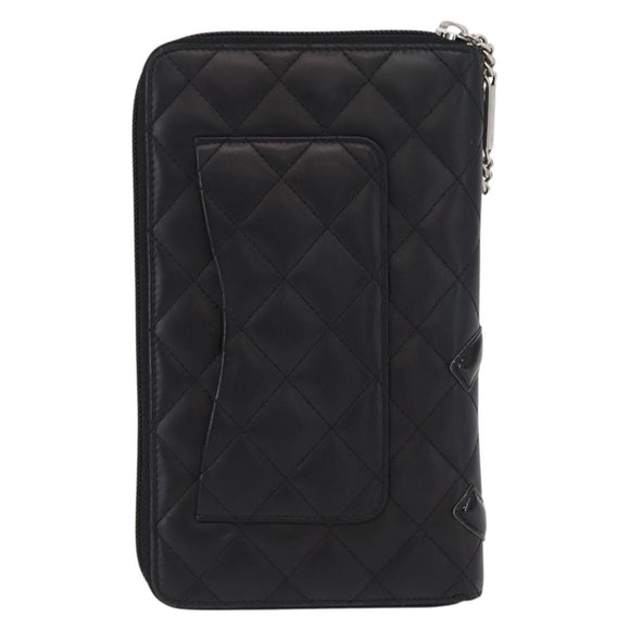 CHANEL Cambon Line Long Wallet Calf Skin Black Silver CC Auth ac3882
