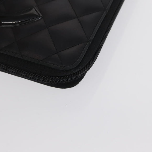 CHANEL Cambon Line Long Wallet Calf Skin Black Silver CC Auth ac3882