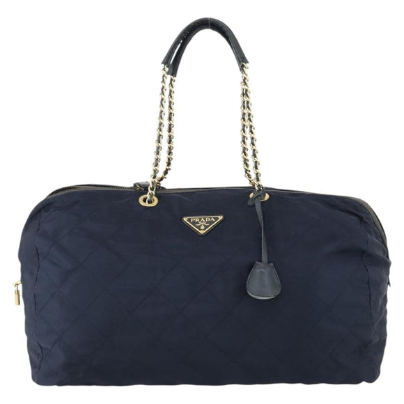 PRADA Chain Tote Bag Nylon Navy Gold Auth am10079