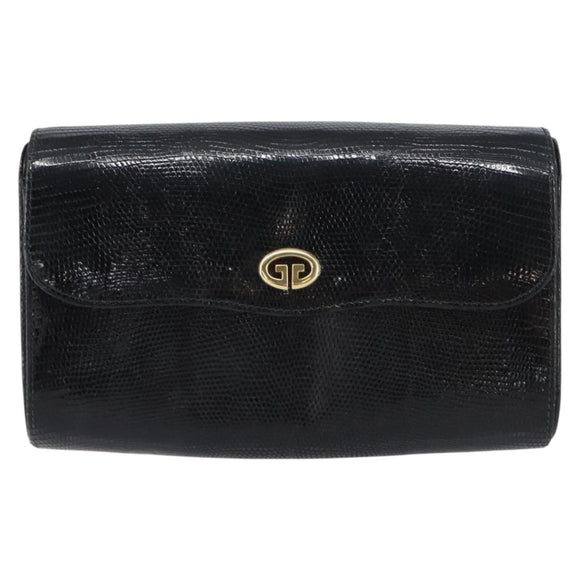 GUCCI Clutch Bag Embossed leather Black Gold Auth am10083