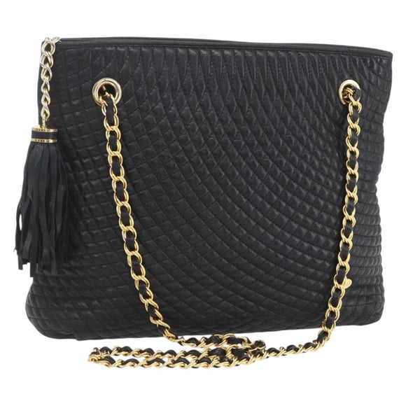 BALLY Chain Tote Bag Leather Black Gold Auth am10089