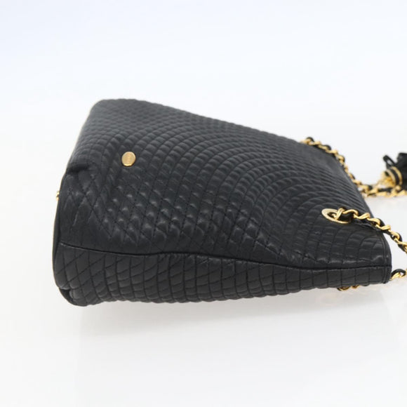 BALLY Chain Tote Bag Leather Black Gold Auth am10089