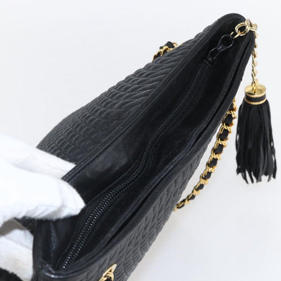 BALLY Chain Tote Bag Leather Black Gold Auth am10089