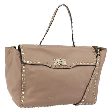 VALENTINO Studs Tote Bag Leather 2way Beige Gold Auth am10102