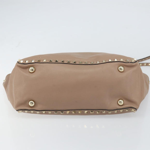 VALENTINO Studs Tote Bag Leather 2way Beige Gold Auth am10102