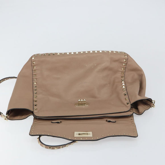 VALENTINO Studs Tote Bag Leather 2way Beige Gold Auth am10102