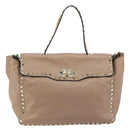 VALENTINO Studs Tote Bag Leer 2way Beige Goud Auth am10102-13