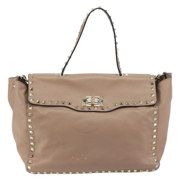 VALENTINO Studs Tote Bag Leer 2way Beige Goud Auth am10102
