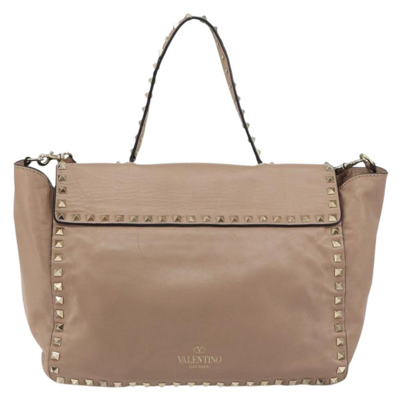 VALENTINO Studs Tote Bag Leather 2way Beige Gold Auth am10102