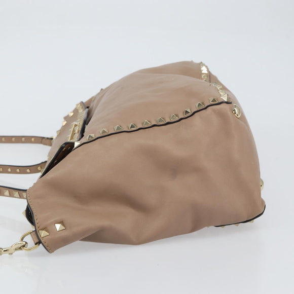 VALENTINO Studs Tote Bag Leer 2way Beige Goud Auth am10102