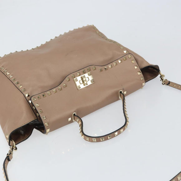 VALENTINO Studs Tote Bag Leather 2way Beige Gold Auth am10102