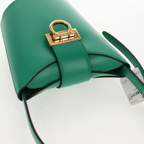 Salvatore Ferragamo Trifoglio Gancini Hand Bag Leather Green Gold Auth am10108V