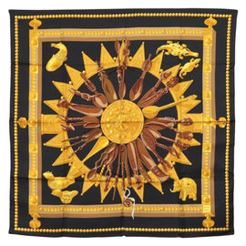HERMES Carre 90 Scarf ""CUILLERS D'AFRIQUE"" Silk Black Auth am10116