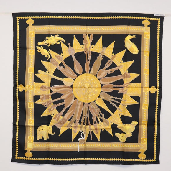 HERMES Carre 90 Scarf ""CUILLERS D'AFRIQUE"" Silk Black Auth am10116