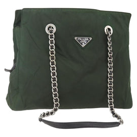 PRADA Chain Tote Bag Nylon Khaki Silver Auth am10142