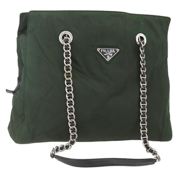 PRADA Chain Tote Bag Nylon Khaki Silver Auth am10142