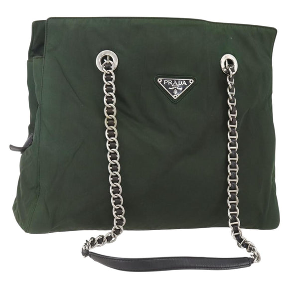 PRADA Chain Tote Bag Nylon Khaki Silver Auth am10142
