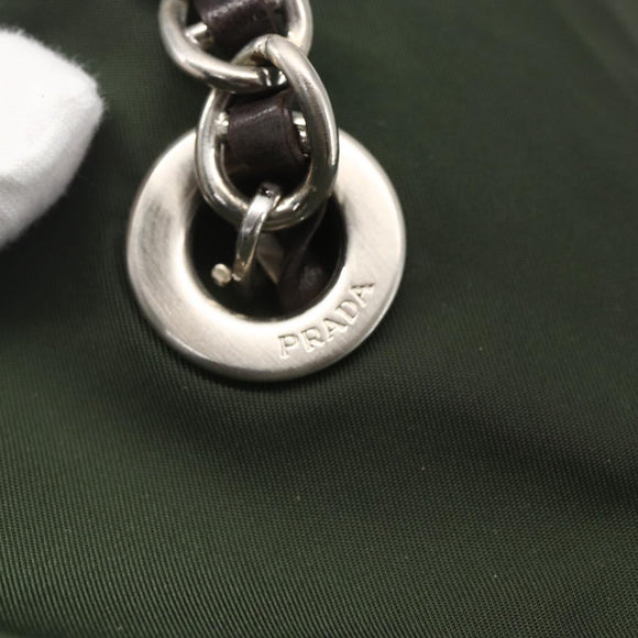 PRADA Chain Tote Bag Nylon Khaki Silver Auth am10142