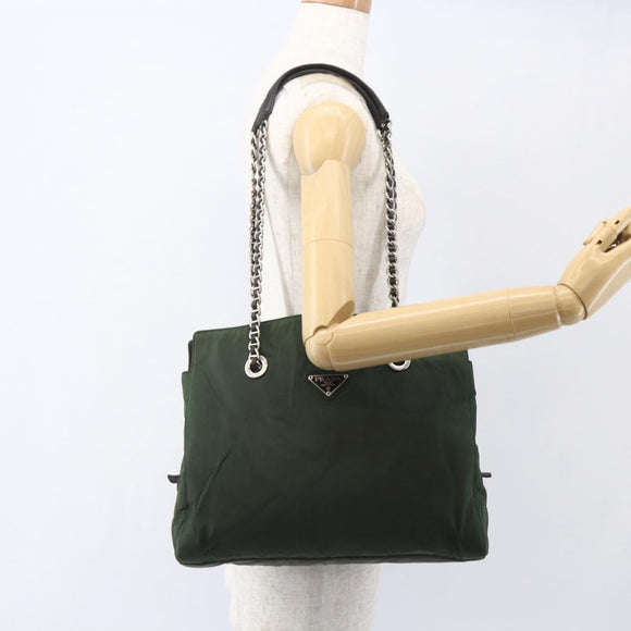 PRADA Chain Tote Bag Nylon Khaki Silver Auth am10142