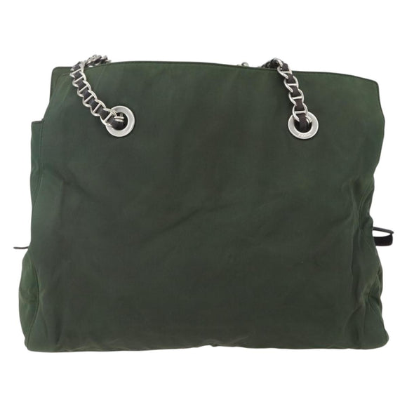 PRADA Chain Tote Bag Nylon Khaki Silver Auth am10142