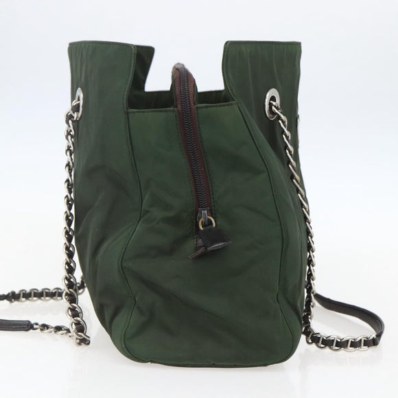 PRADA Chain Tote Bag Nylon Khaki Silver Auth am10142