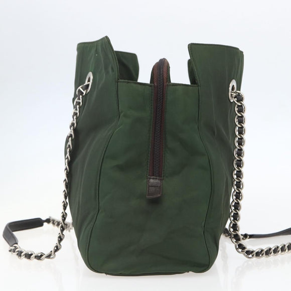 PRADA Chain Tote Bag Nylon Khaki Silver Auth am10142