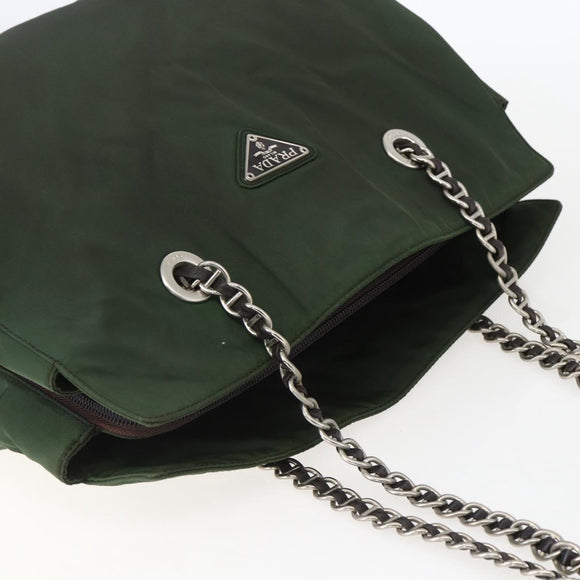 PRADA Chain Tote Bag Nylon Khaki Silver Auth am10142