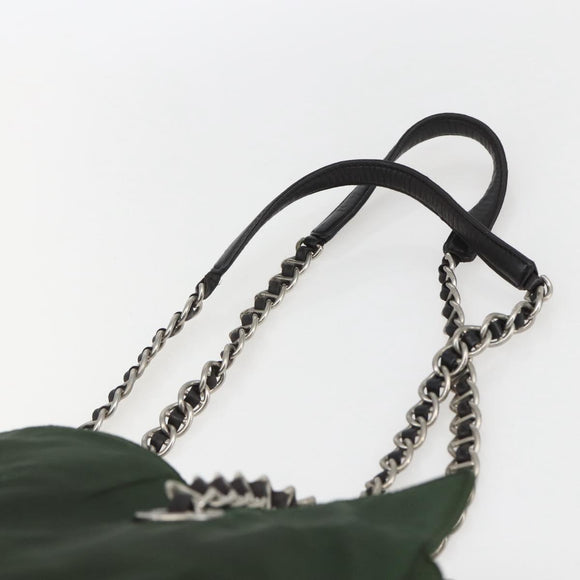PRADA Chain Tote Bag Nylon Khaki Silver Auth am10142