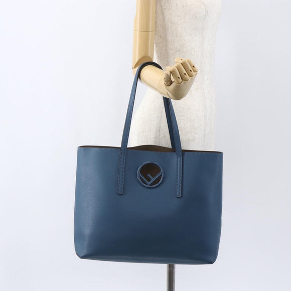 FENDI F Logo Tote Bag Leather Blue Auth am10162