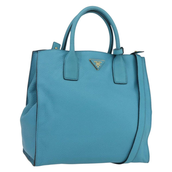 PRADA Hand Bag Leather 2way Turquoise Blue Gold Auth am10188V