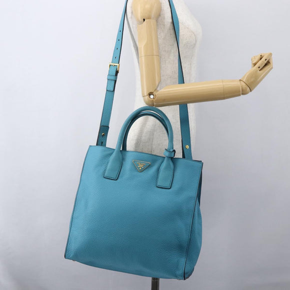 PRADA Hand Bag Leather 2way Turquoise Blue Gold Auth am10188V