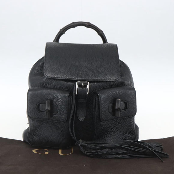 GUCCI Bamboo Fringe Backpack Leather Black Gold 370833 Auth am10189V