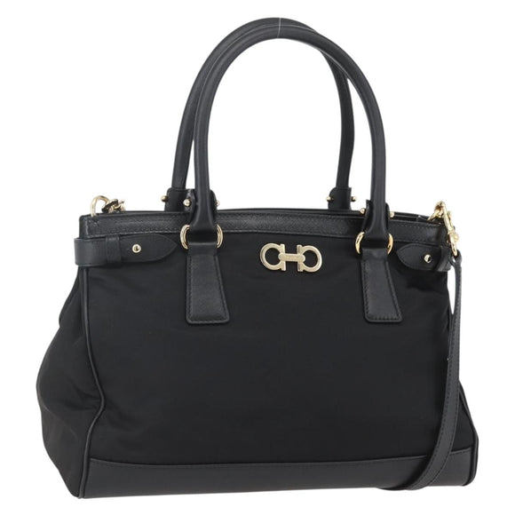 Salvatore Ferragamo Gancini Hand Bag Nylon Leather 2way Black Gold Auth am10197V