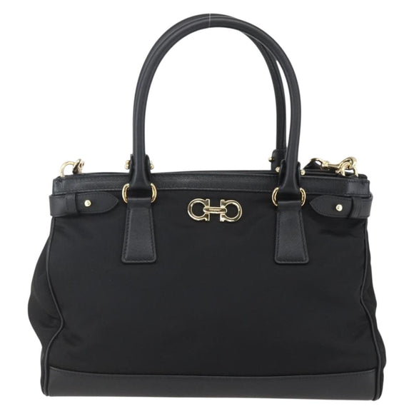 Salvatore Ferragamo Gancini Hand Bag Nylon Leather 2way Black Gold Auth am10197V