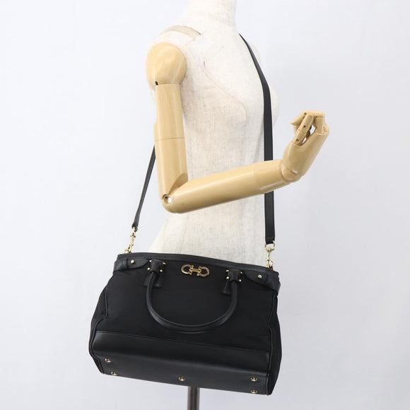 Salvatore Ferragamo Gancini Hand Bag Nylon Leather 2way Black Gold Auth am10197V