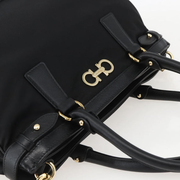 Salvatore Ferragamo Gancini Hand Bag Nylon Leather 2way Black Gold Auth am10197V