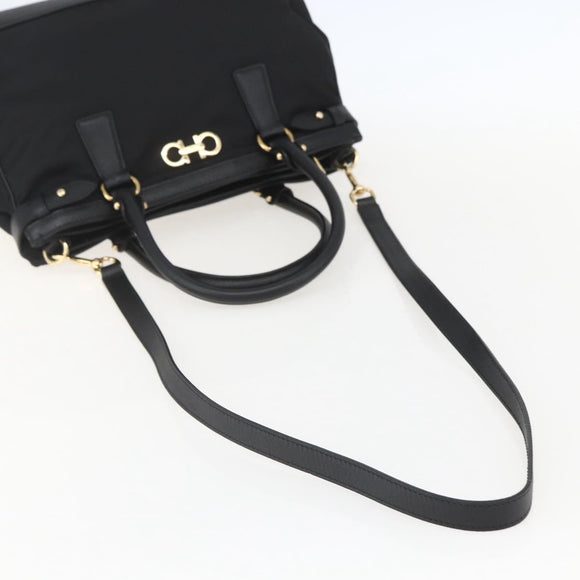 Salvatore Ferragamo Gancini Hand Bag Nylon Leather 2way Black Gold Auth am10197V