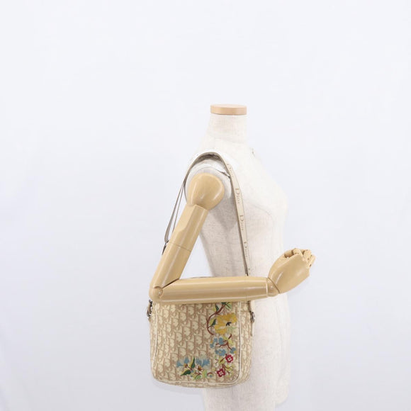 Christian Dior Trotter Canvas Flower Shoulder Bag PVC Beige Silver Auth am10236